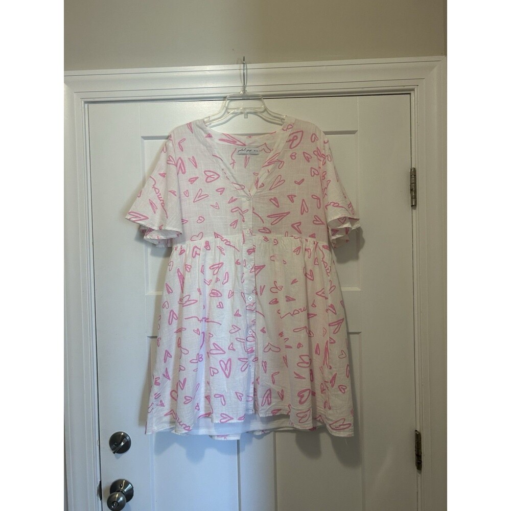 Petal and Pup Maggie Elias Dress Size Large Pink Hearts Babydoll Flutter Sleeve